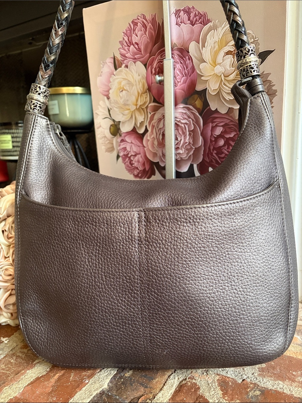 Brighton Dark Brown Pebbled Leather Braided Shoulder Hobo Bag Heart Tassel - Picture 7 of 9